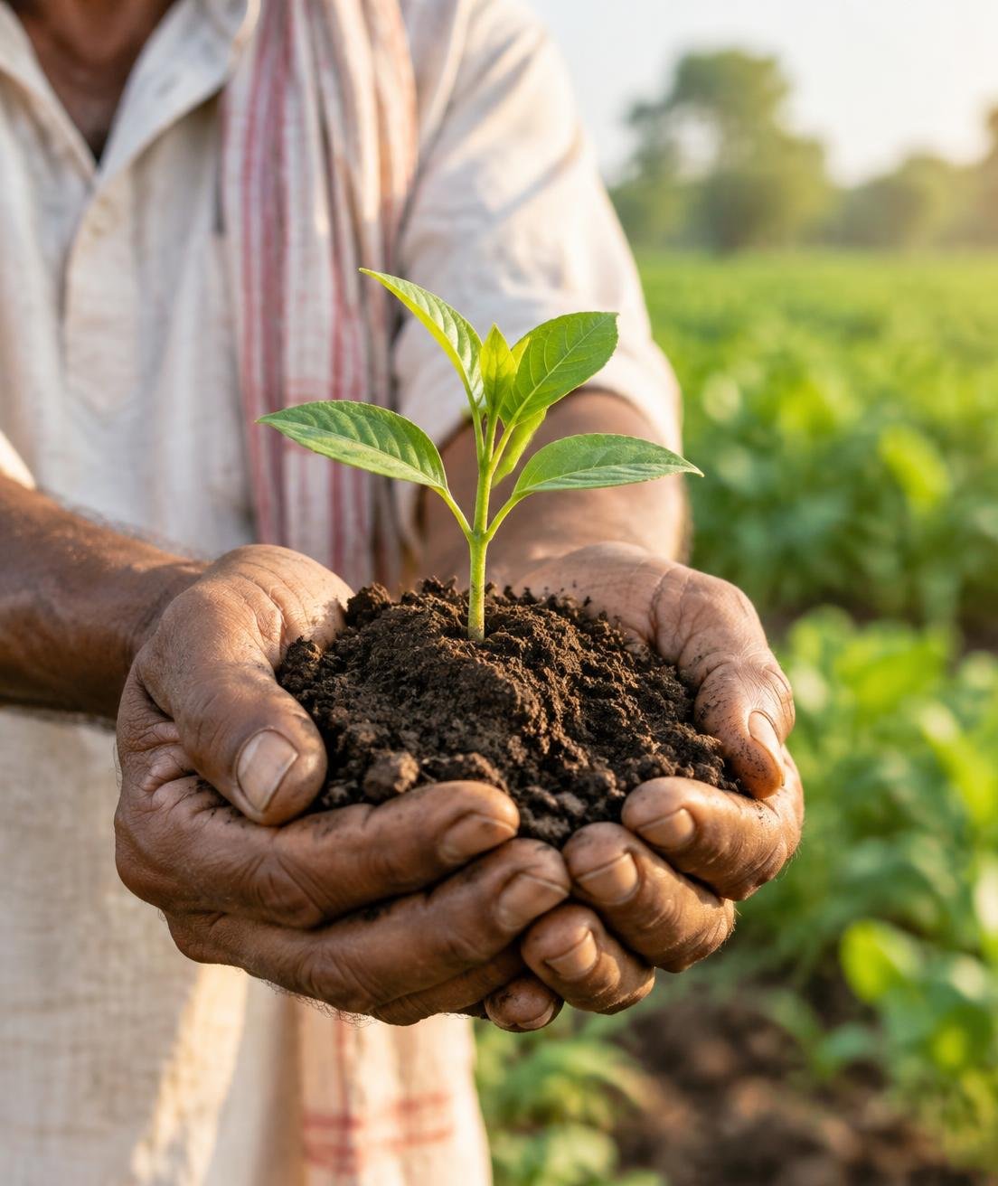Farmer holding soil with a young seedling